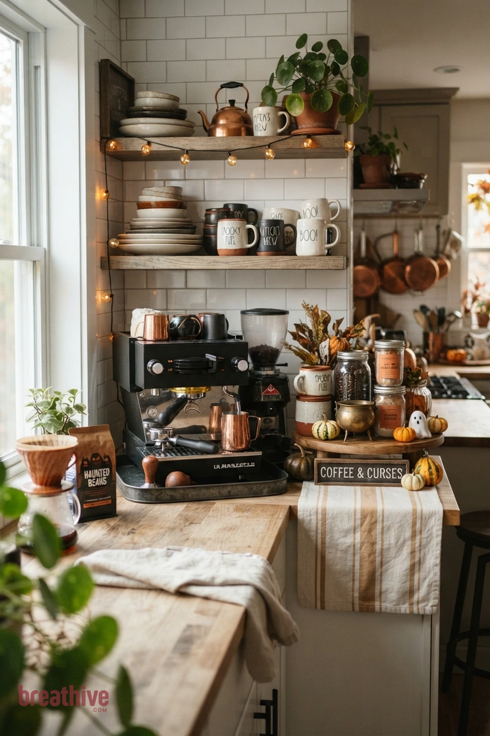 cozy coffee bar Halloween kitchen coffee station idea with seasonal decor grouped away from the busiest prep, serving, or seating area