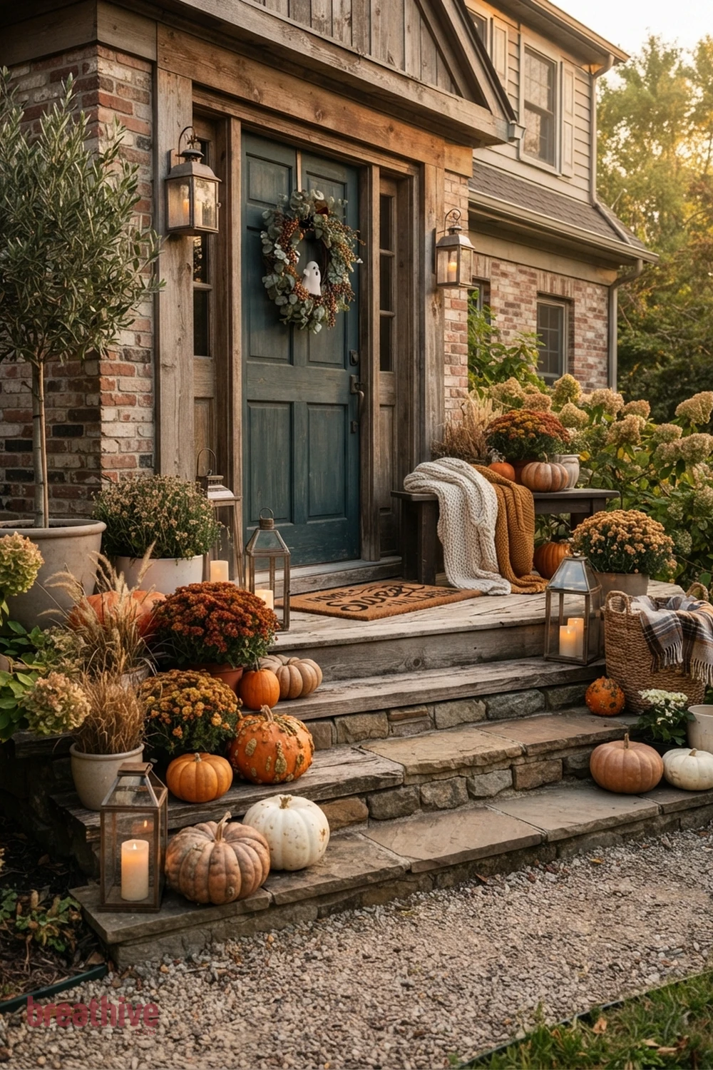 cozy Halloween front entry idea with porch steps arranged in staggered heights while keeping the walking line clear