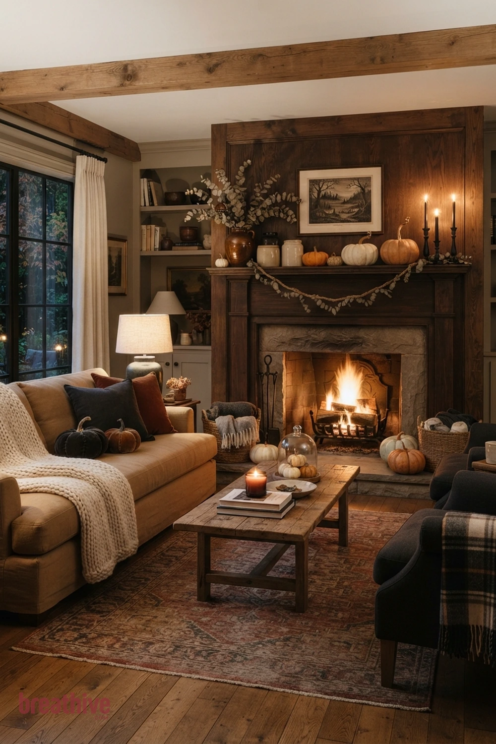 cozy Halloween living room idea with fireplace or main wall focal point using balanced seasonal height and texture