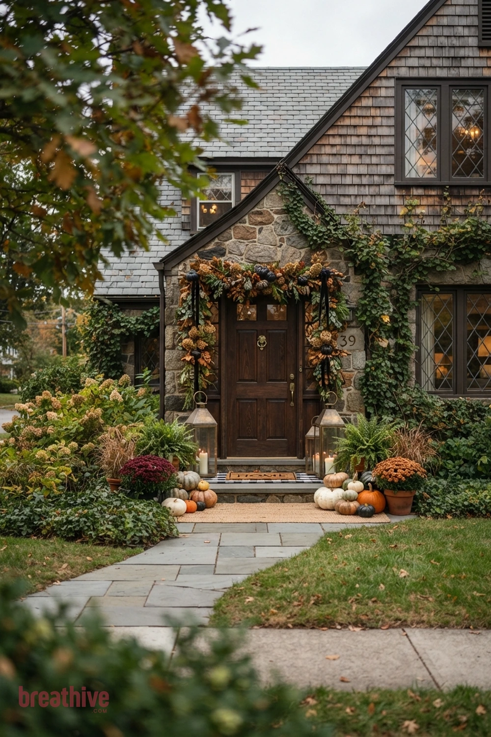 classy Halloween front yard and entry idea with main outdoor decorative scene positioned where it can be seen clearly without blocking circulation