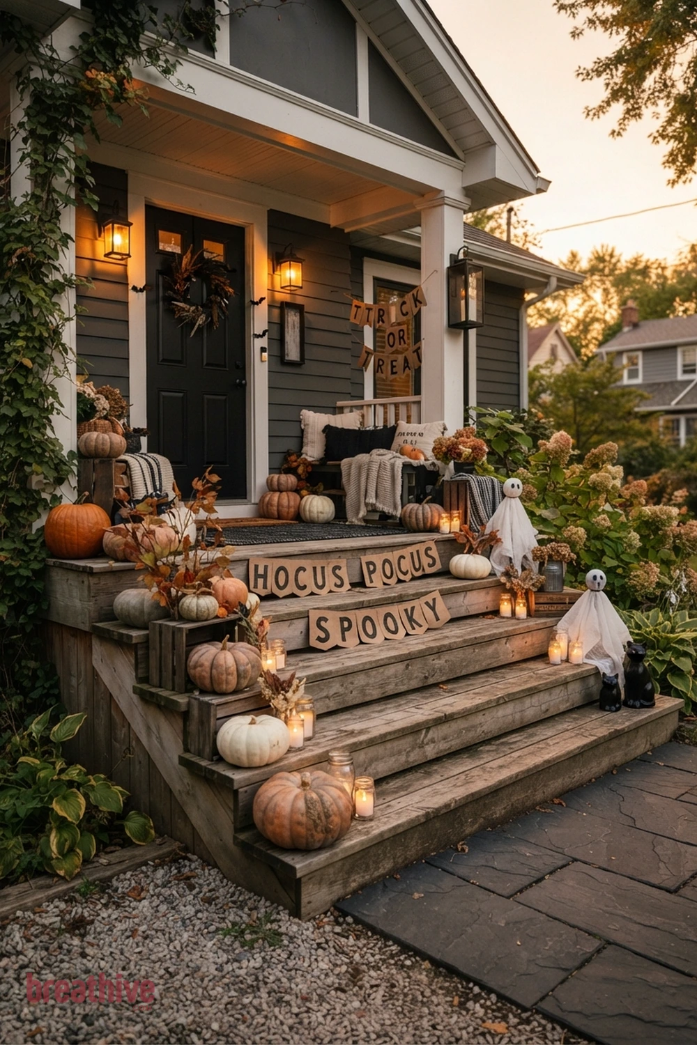 DIY polished Halloween front porch idea with porch steps arranged in staggered heights while keeping the walking line clear