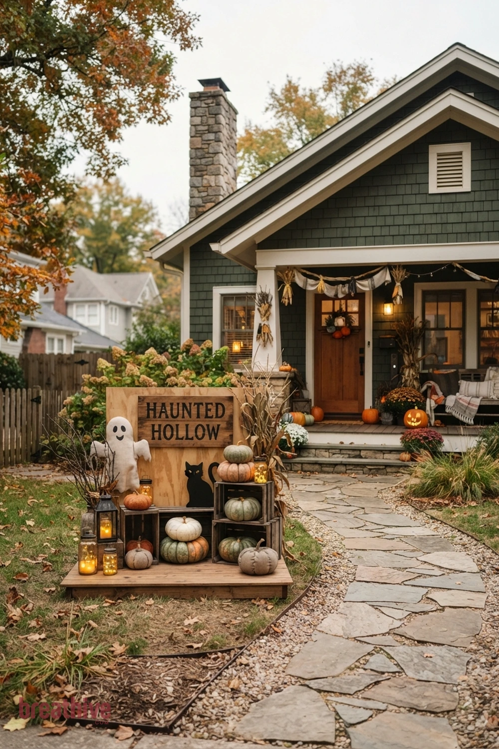 DIY outdoor Halloween front yard idea with main outdoor decorative scene positioned where it can be seen clearly without blocking circulation