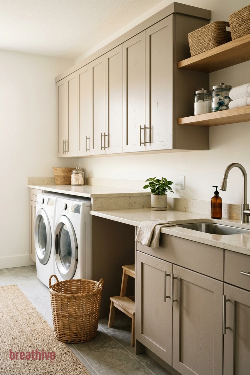 Choose Closed Cabinets for Visual Calm in a thoughtful laundry room