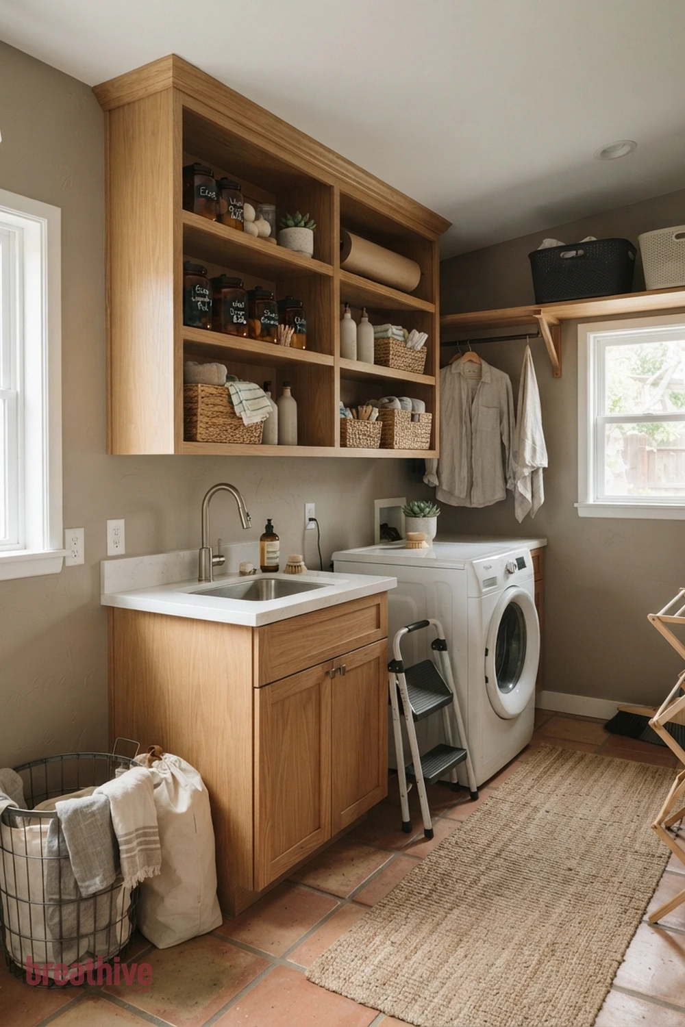 Use Open Shelves for Everyday Supplies in a thoughtful laundry room