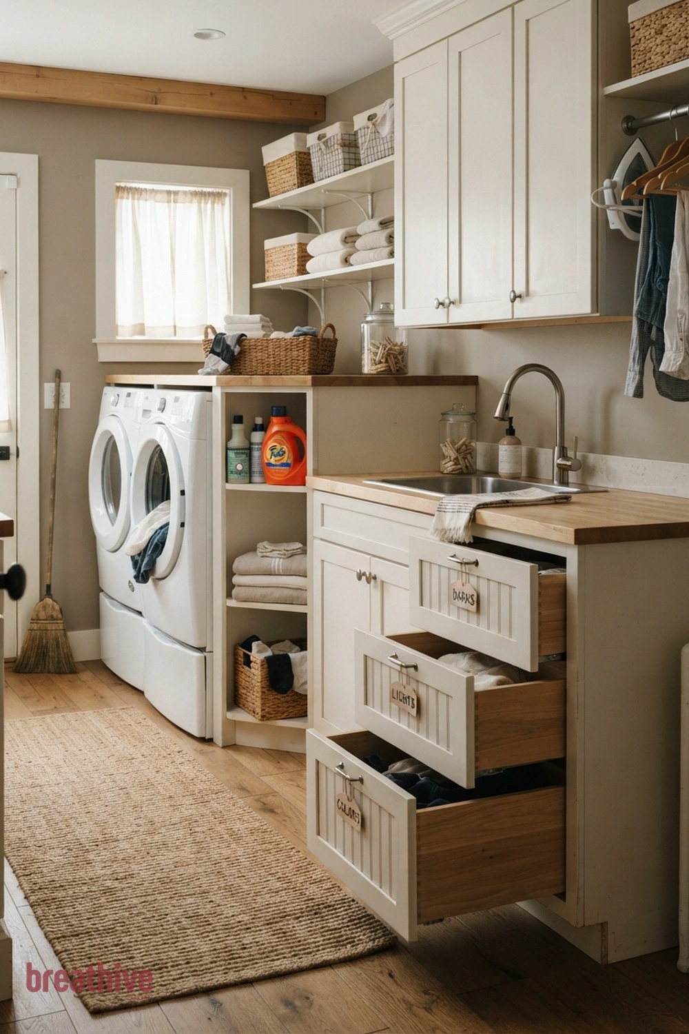 Add Pull-Out Hampers by Sorting Category in a thoughtful laundry room