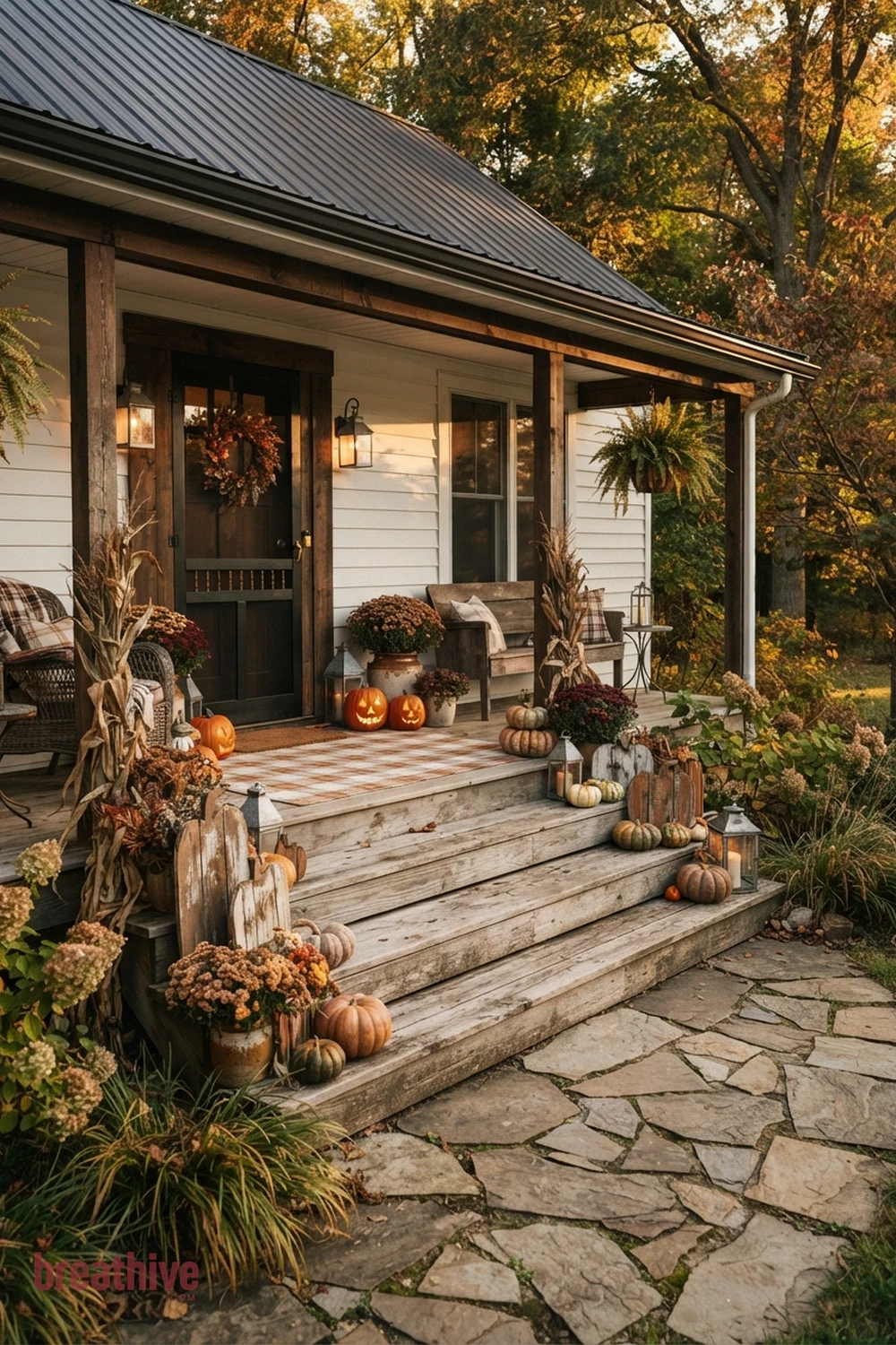 farmhouse Halloween front porch idea with porch steps arranged in staggered heights while keeping the walking line clear