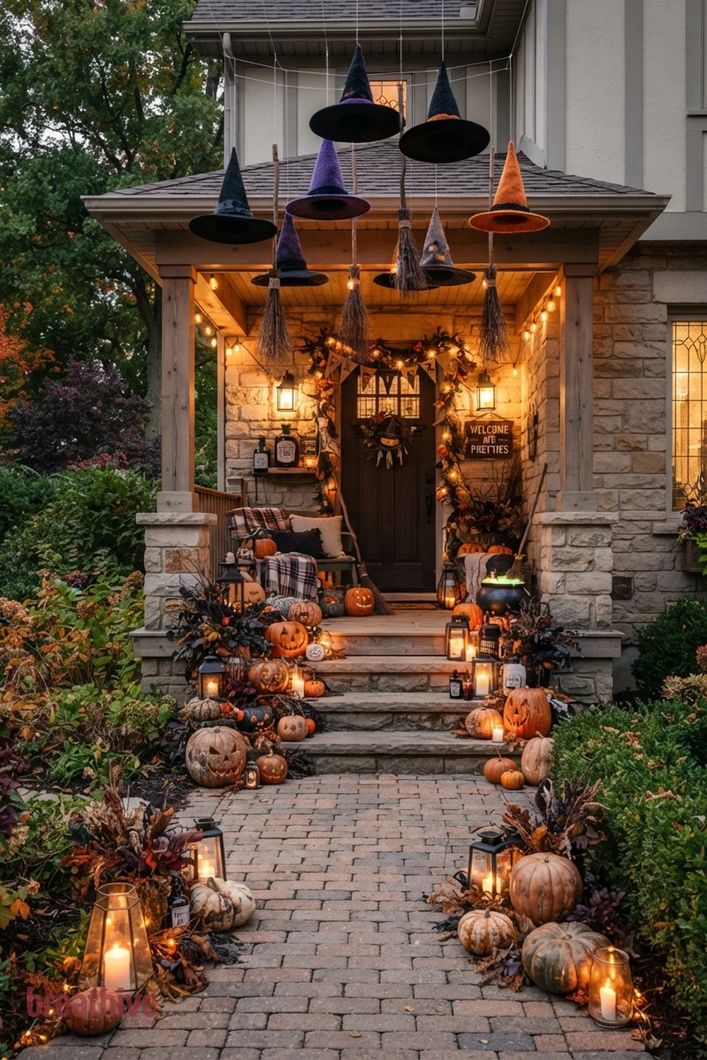 whimsical witch Halloween porch and walkway idea with main outdoor decorative scene positioned where it can be seen clearly without blocking circulation