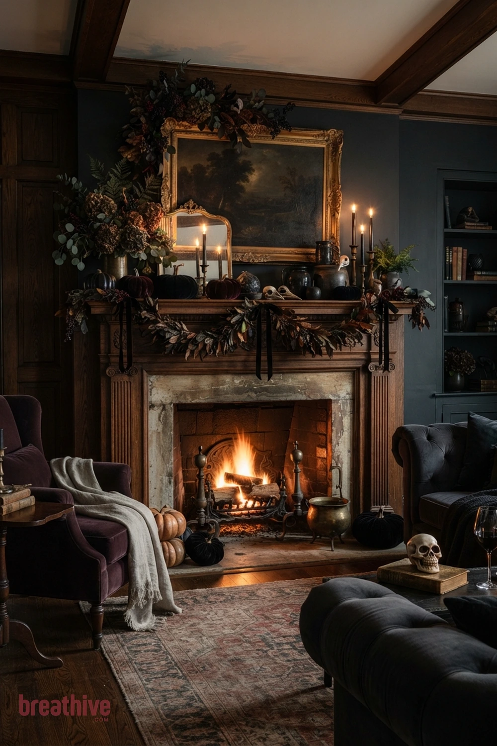 gothic Halloween living room idea with fireplace or main wall focal point using balanced seasonal height and texture