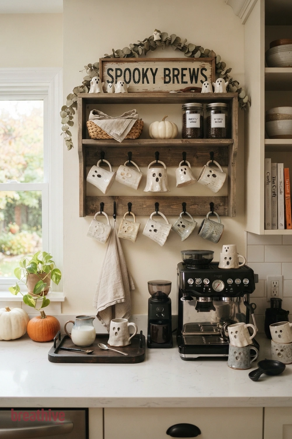 ghost mug collection Halloween kitchen coffee station idea with seasonal decor grouped away from the busiest prep, serving, or seating area