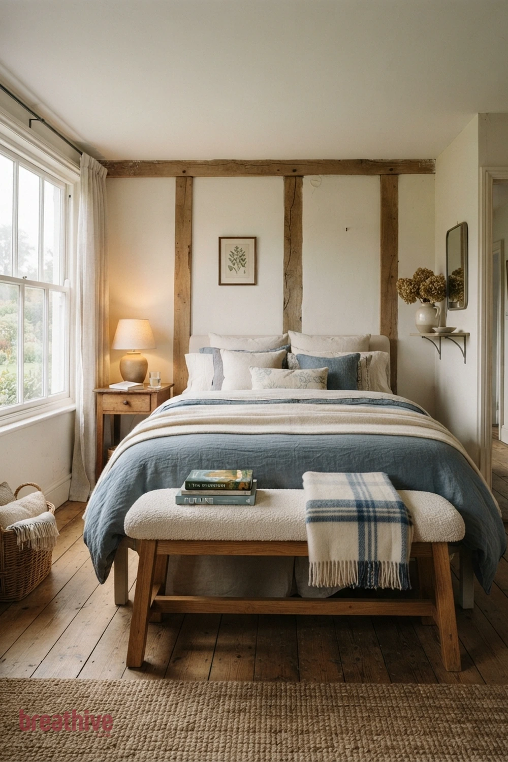 Add a Bench Without Blocking Circulation in a cottage bedroom