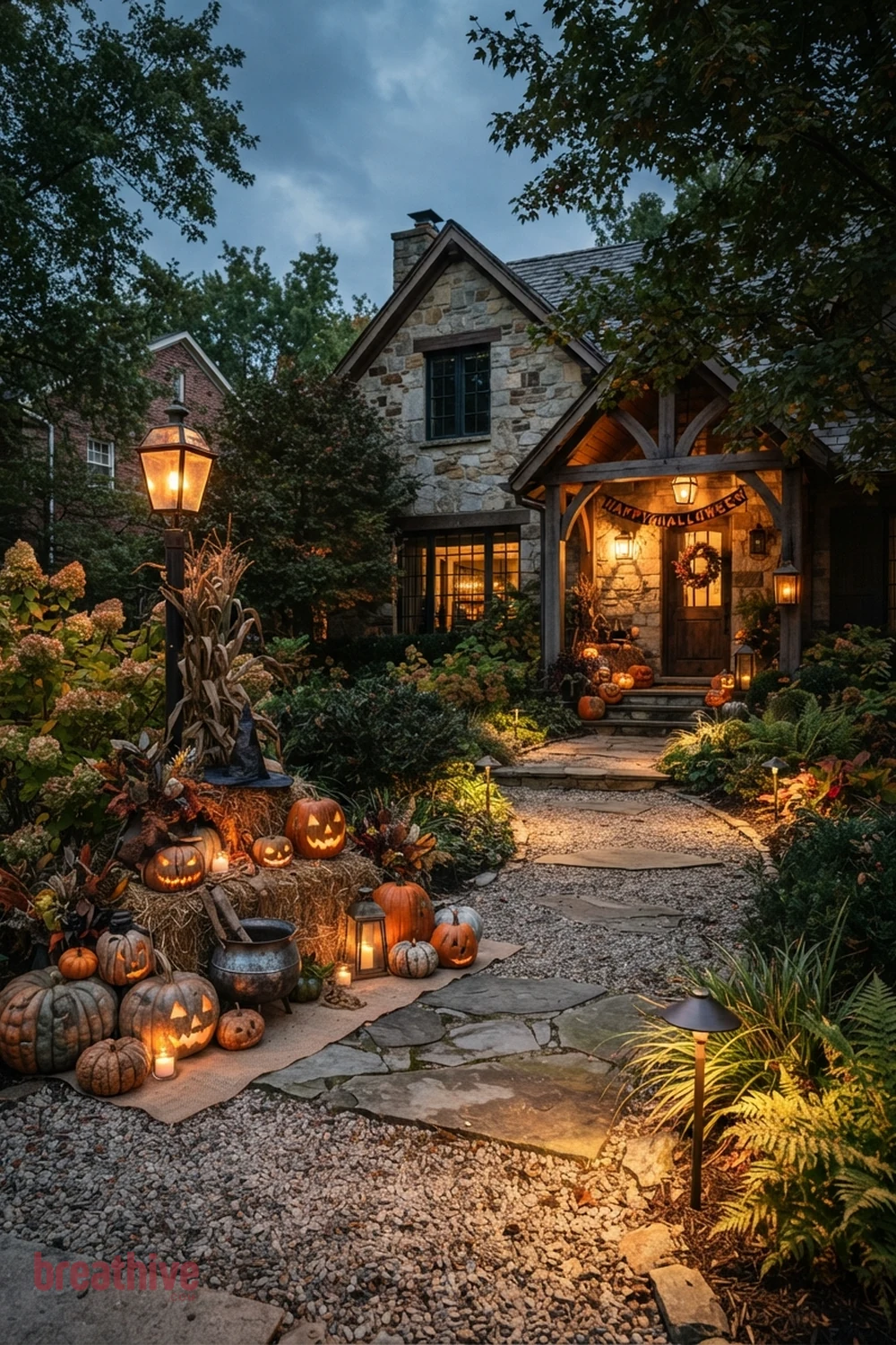 path lighting Halloween garden pathway idea with main outdoor decorative scene positioned where it can be seen clearly without blocking circulation