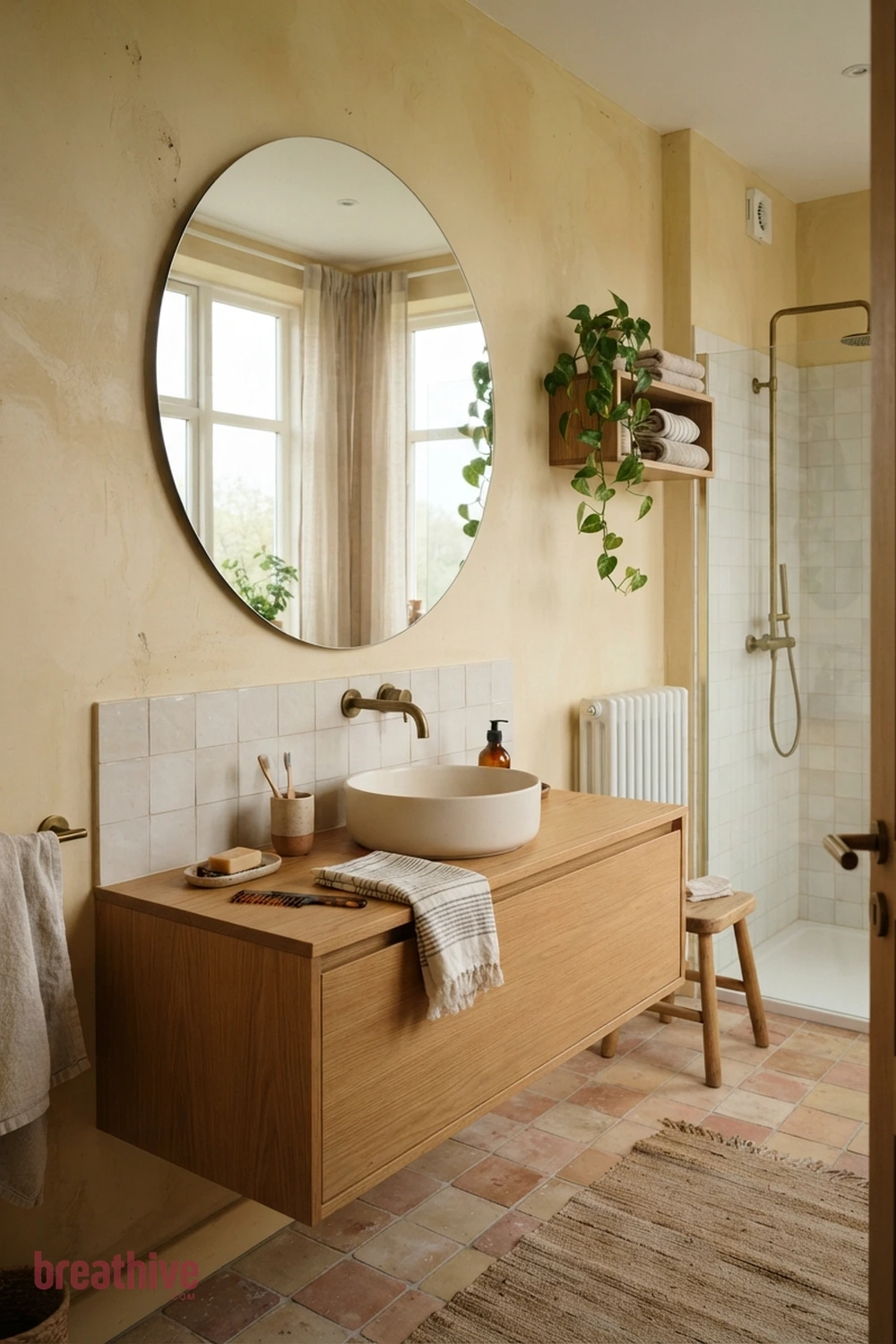Use a Large Mirror to Expand Light in a yellow bathroom