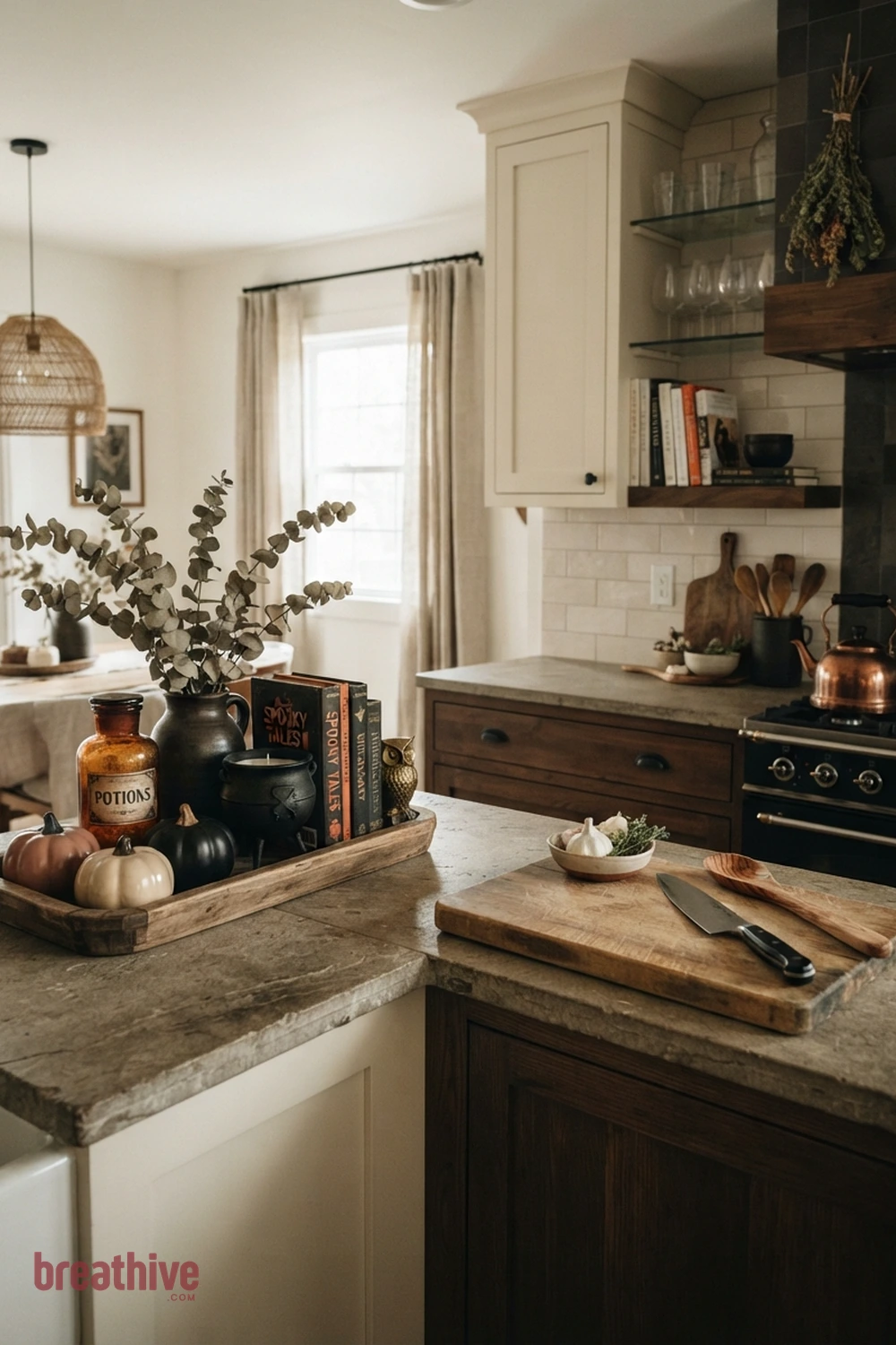 counter styling Halloween kitchen counter idea with seasonal decor grouped away from the busiest prep, serving, or seating area