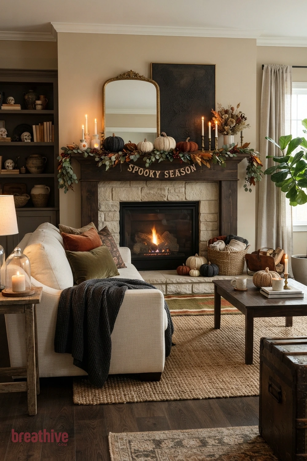 sofa-focused Halloween living room idea with fireplace or main wall focal point using balanced seasonal height and texture