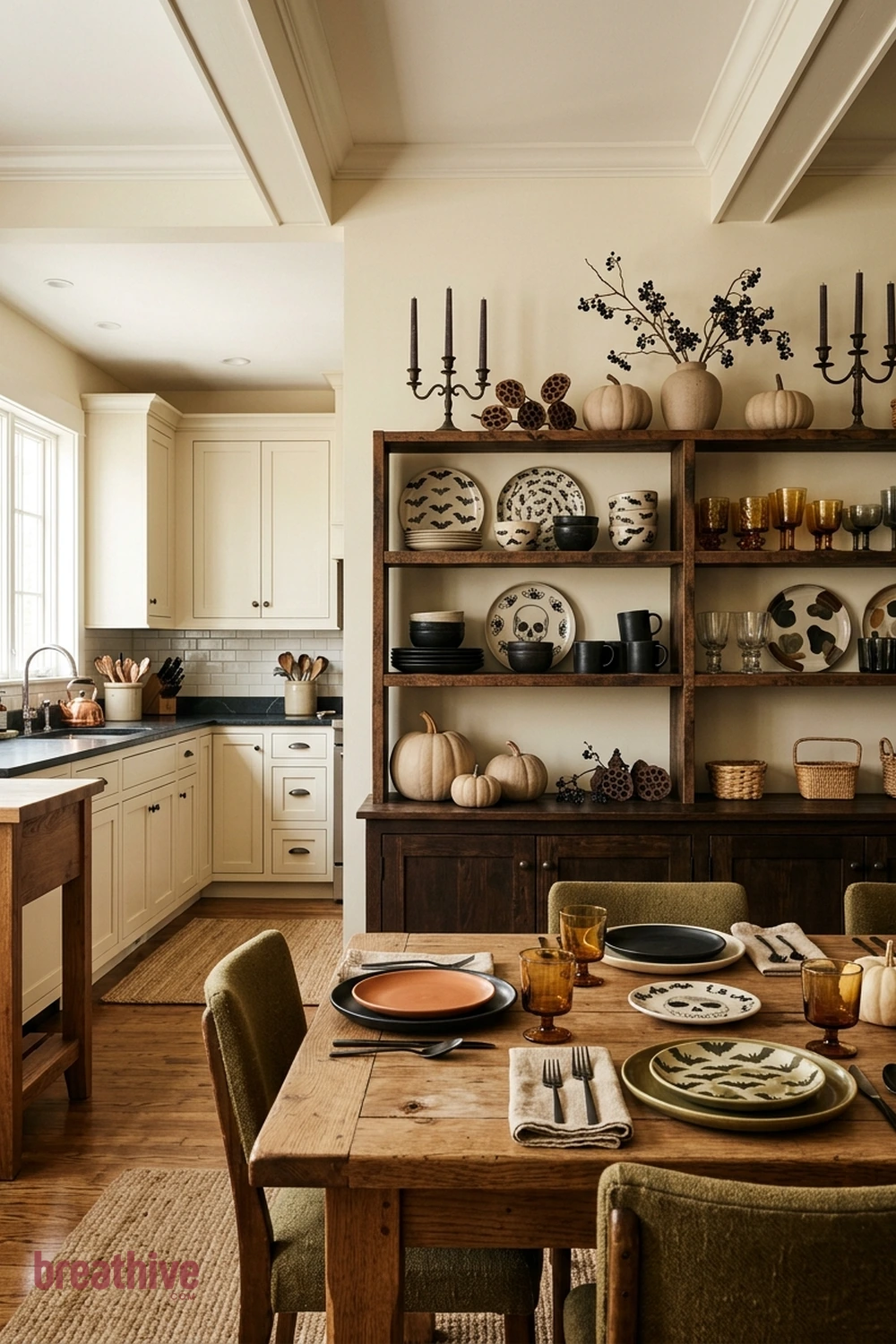 dishware display Halloween kitchen and dining room idea with seasonal decor grouped away from the busiest prep, serving, or seating area