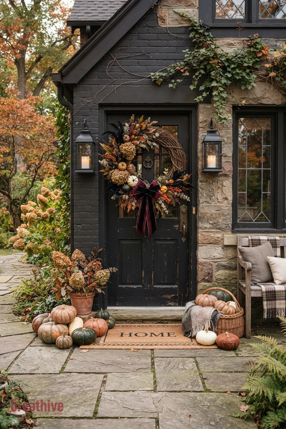 wreath-focused Halloween front door exterior idea with main outdoor decorative scene positioned where it can be seen clearly without blocking circulation