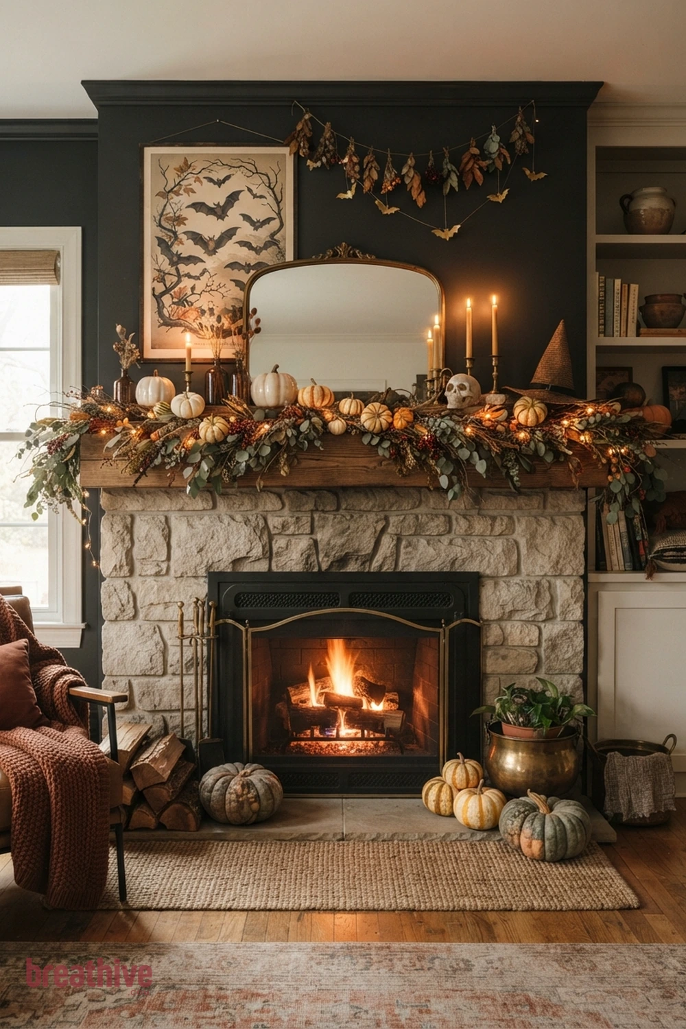 mantel-focused Halloween living room fireplace idea with fireplace or main wall focal point using balanced seasonal height and texture