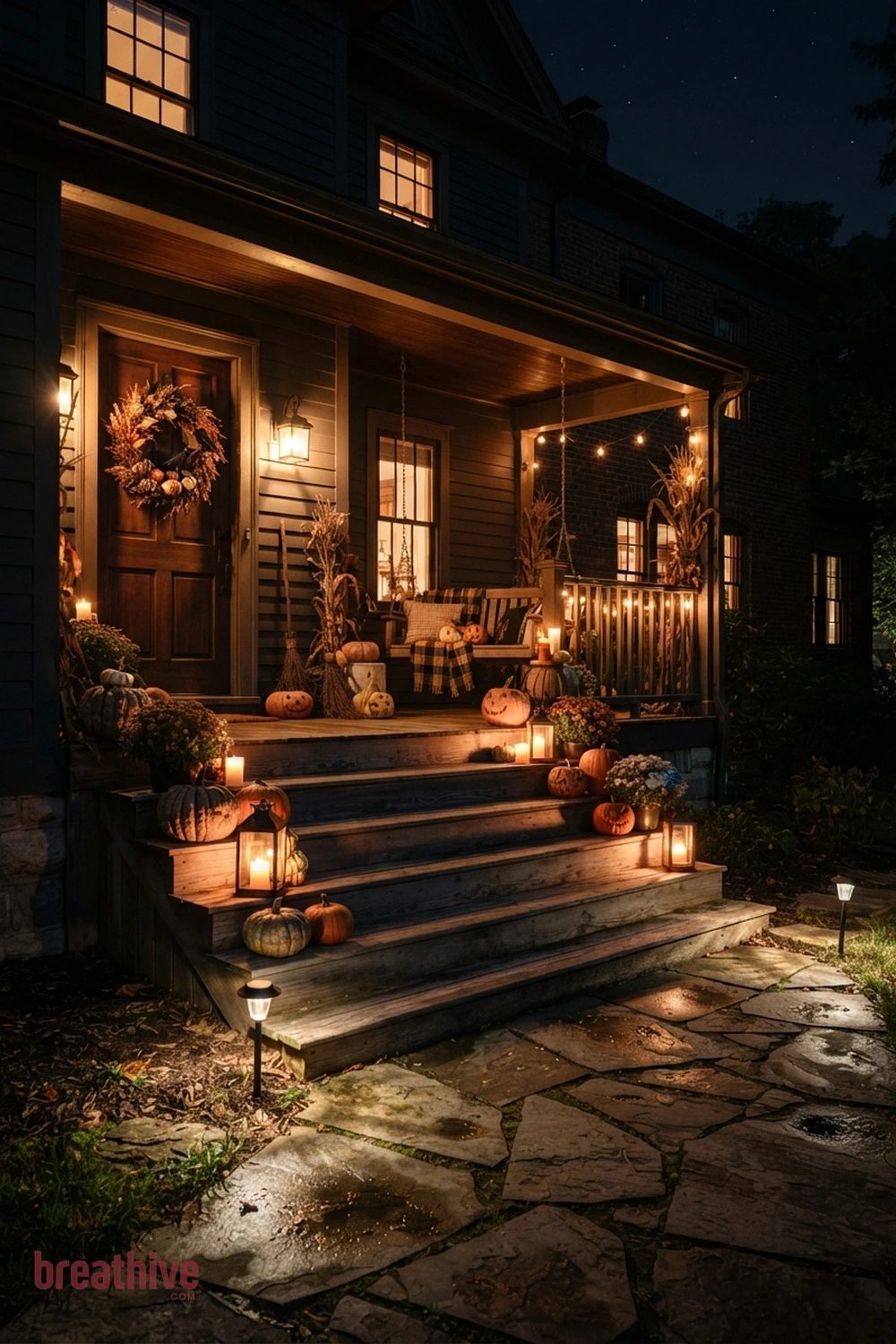 lighting-focused Halloween front porch idea with porch steps arranged in staggered heights while keeping the walking line clear