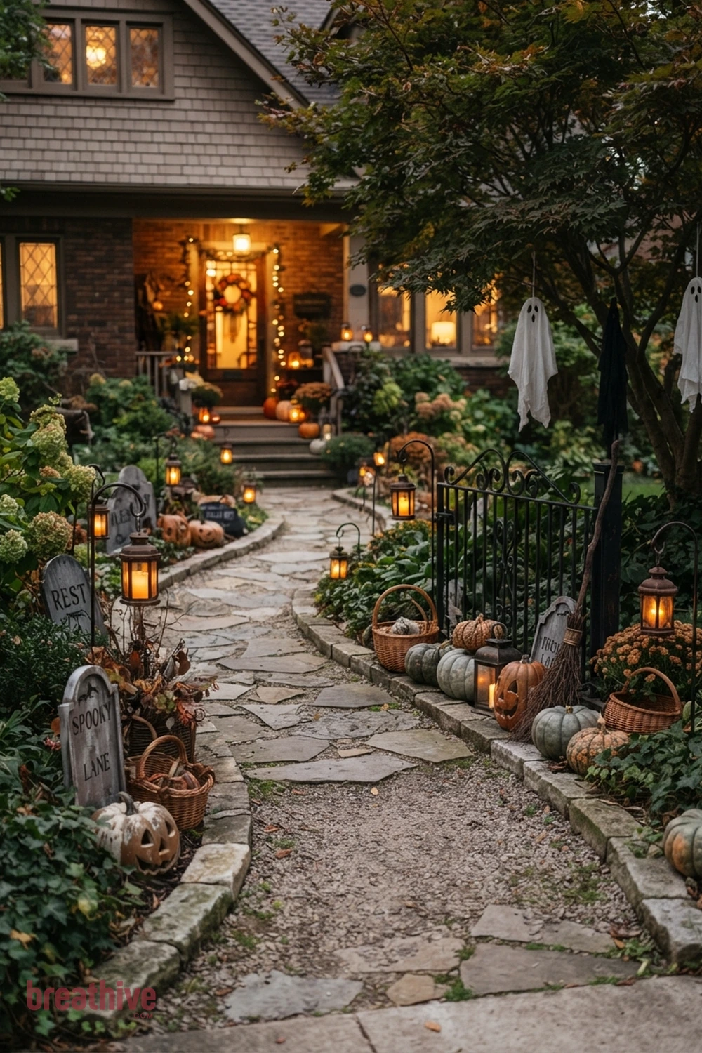 wayfinding Halloween garden pathway idea with main outdoor decorative scene positioned where it can be seen clearly without blocking circulation