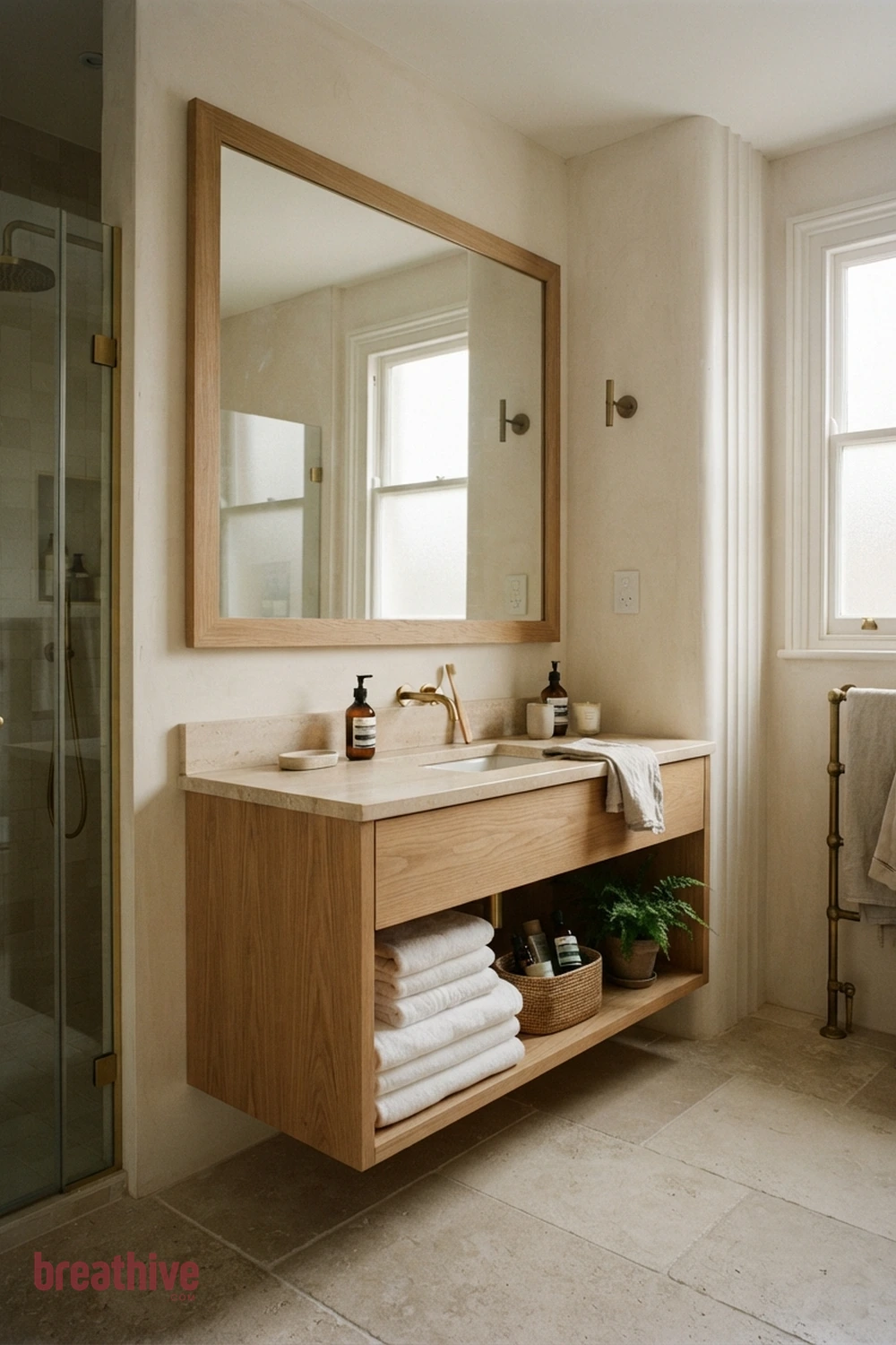 Use a Large Mirror to Expand Light in a thoughtful bathroom