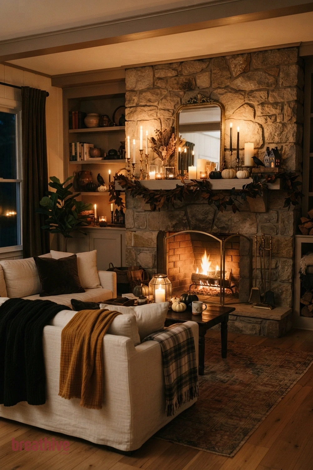 candlelit Halloween living room idea with fireplace or main wall focal point using balanced seasonal height and texture