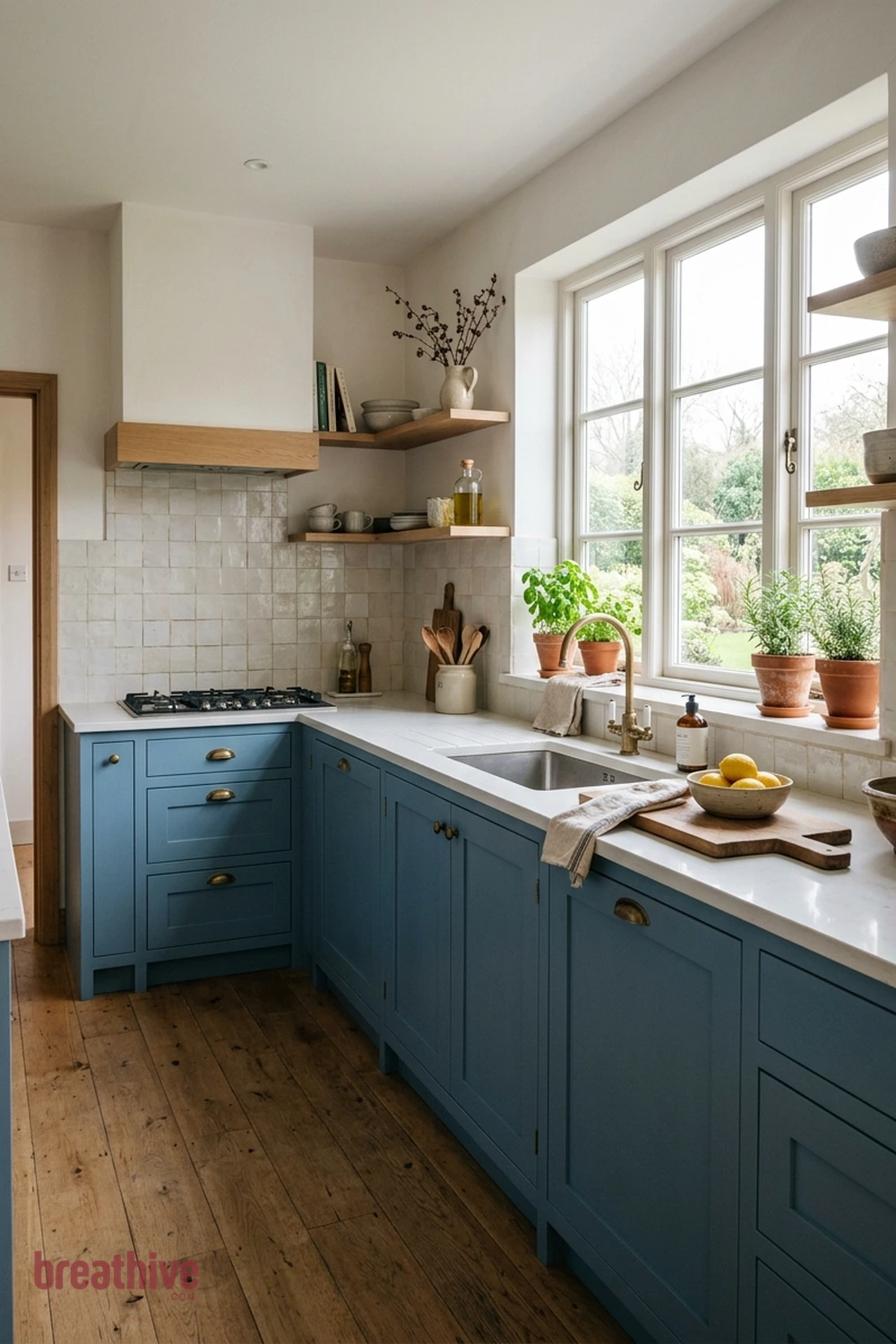 Dusty Blue With White Quartz in a thoughtful kitchen