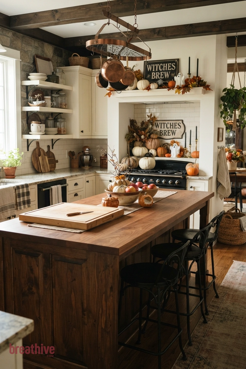 island-focused Halloween kitchen idea with seasonal decor grouped away from the busiest prep, serving, or seating area