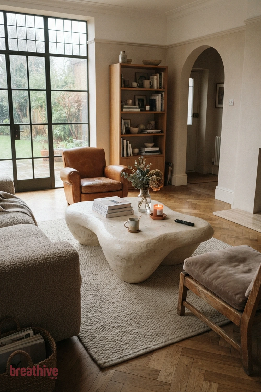Sculptural Plaster Coffee Table in a thoughtful living room