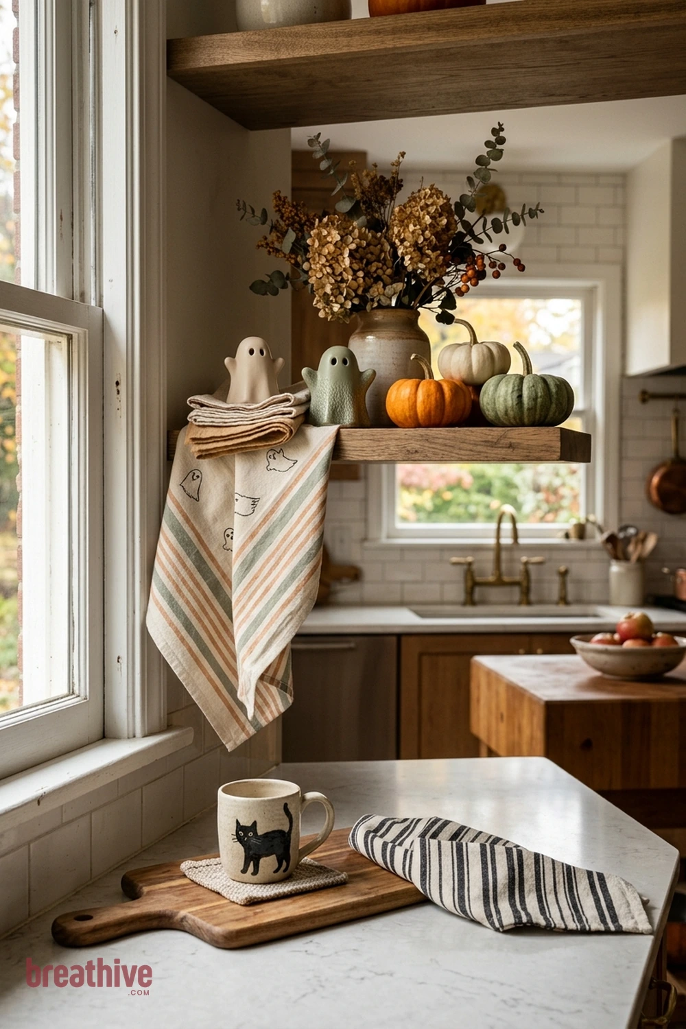 textile accent Halloween kitchen idea with seasonal decor grouped away from the busiest prep, serving, or seating area