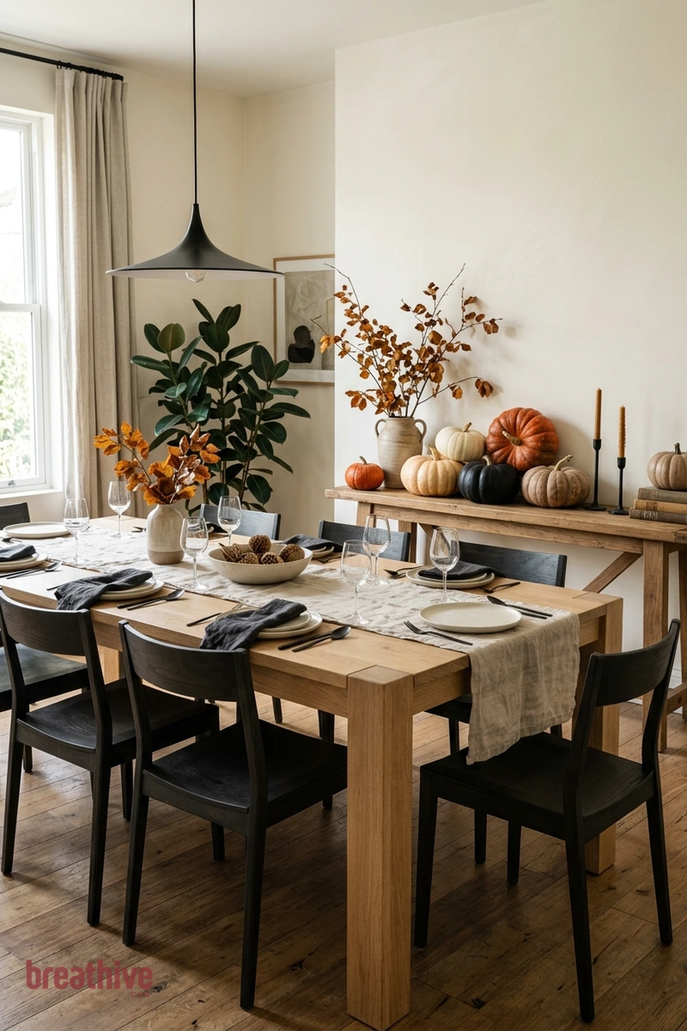 minimalist dining Halloween dining room idea with seasonal decor grouped away from the busiest prep, serving, or seating area