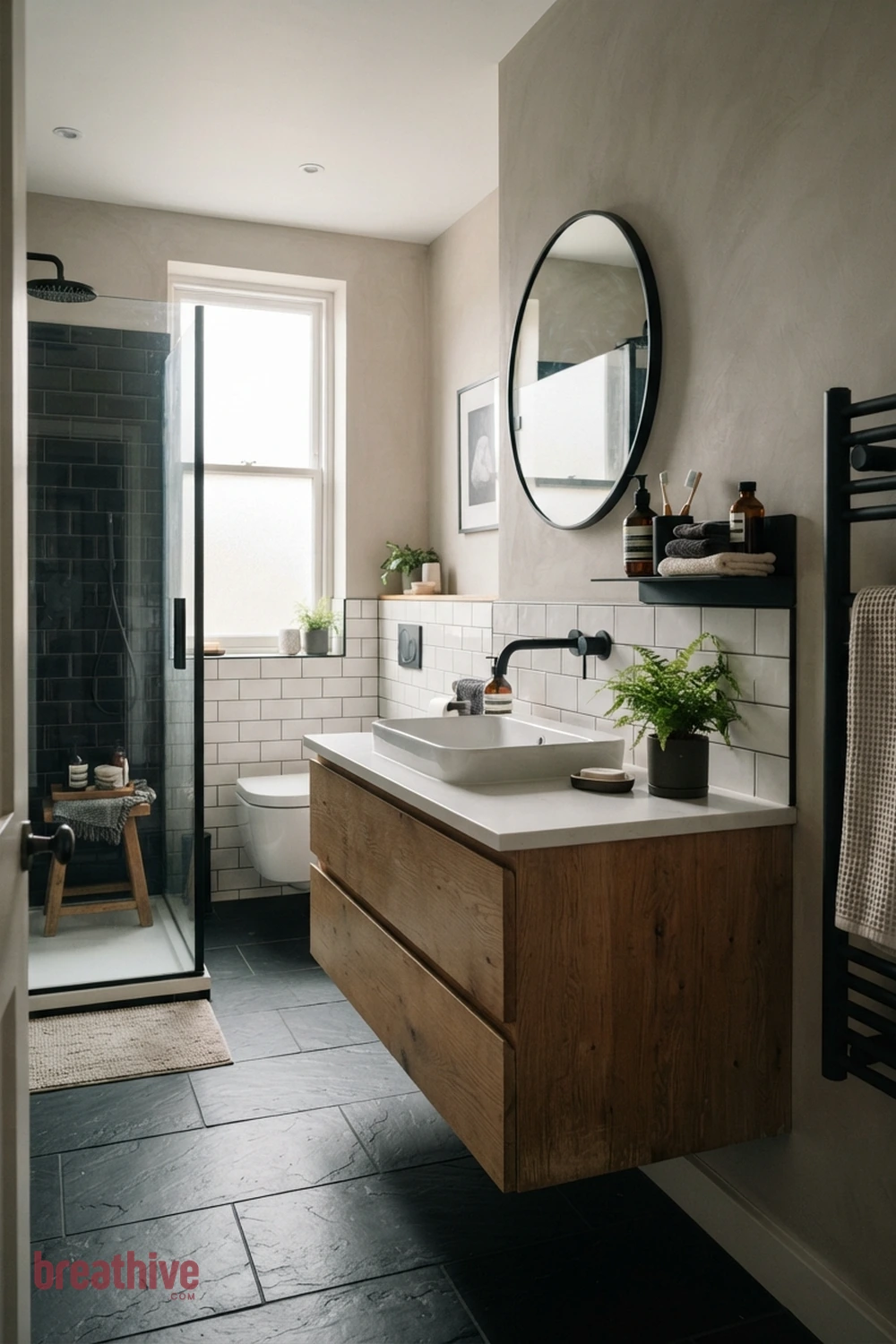 Choose Wall-Mounted Fixtures for a Cleaner Counter in a black and white bathroom