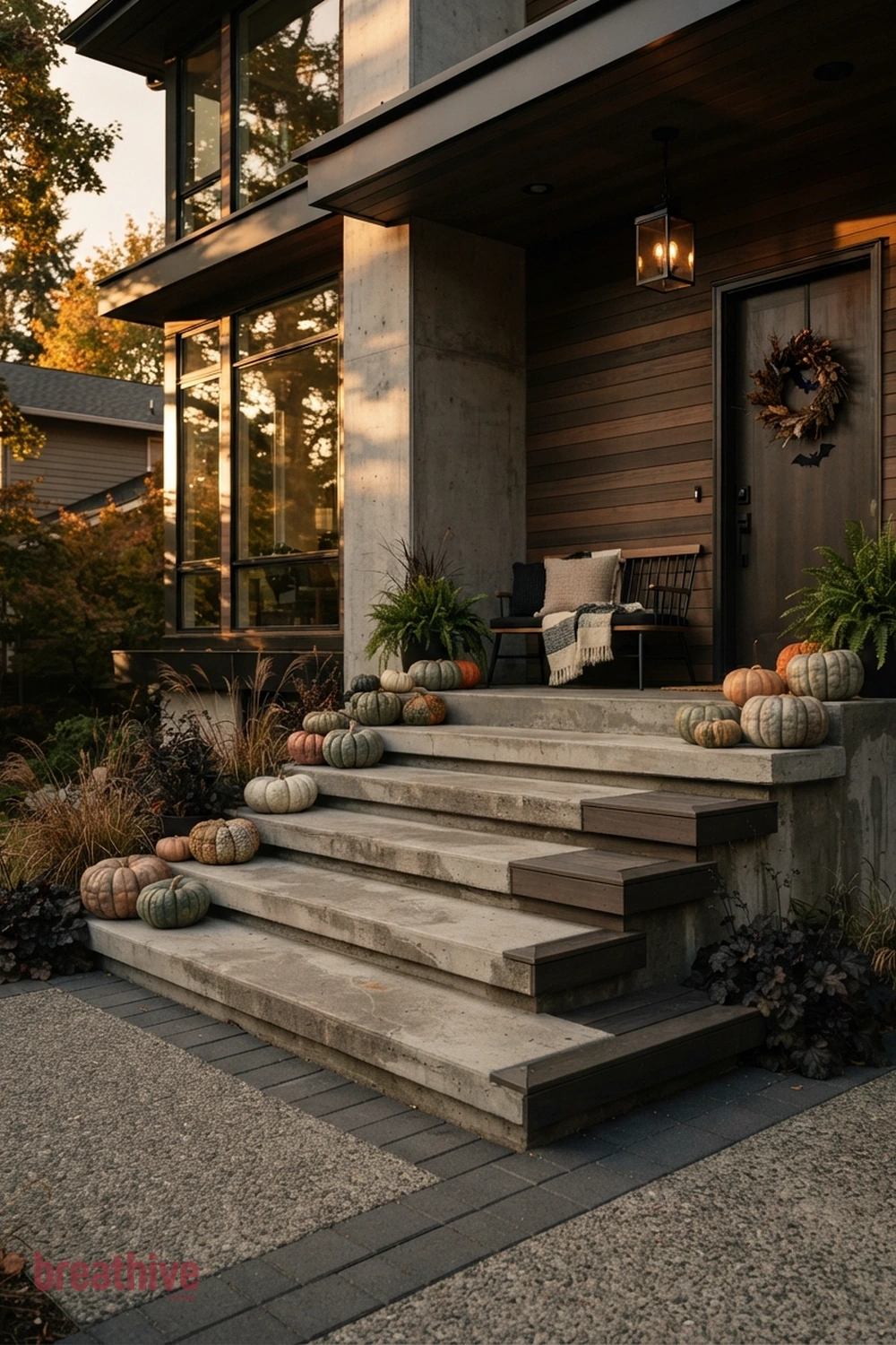 modern Halloween front porch idea with porch steps arranged in staggered heights while keeping the walking line clear