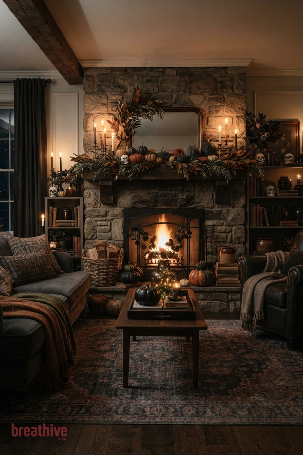 moody Halloween living room idea with fireplace or main wall focal point using balanced seasonal height and texture