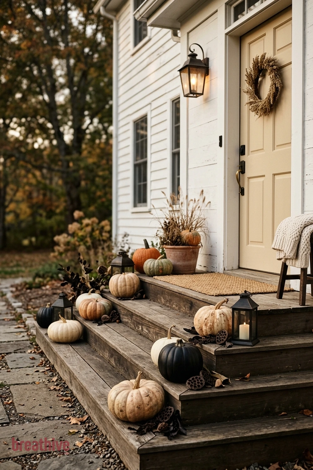 minimalist Halloween front porch idea with porch steps arranged in staggered heights while keeping the walking line clear