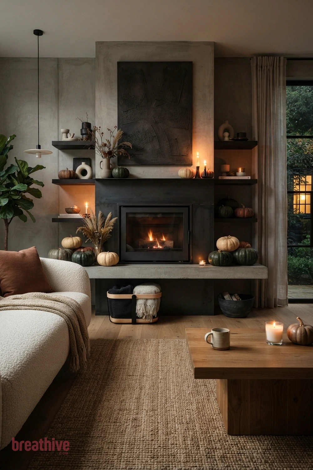 modern minimalist Halloween living room idea with fireplace or main wall focal point using balanced seasonal height and texture