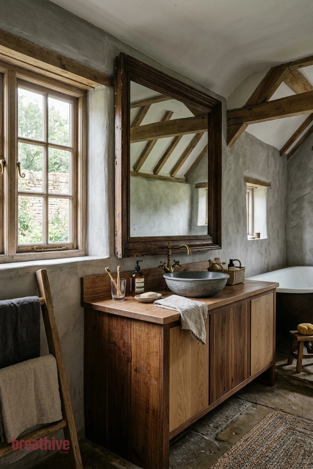 Use a Large Mirror to Expand Light in a rustic bathroom