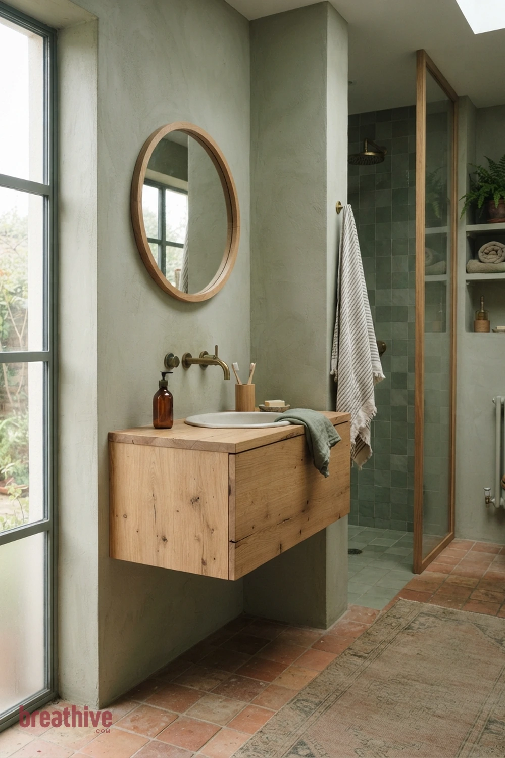Choose Wall-Mounted Fixtures for a Cleaner Counter in a green bathroom