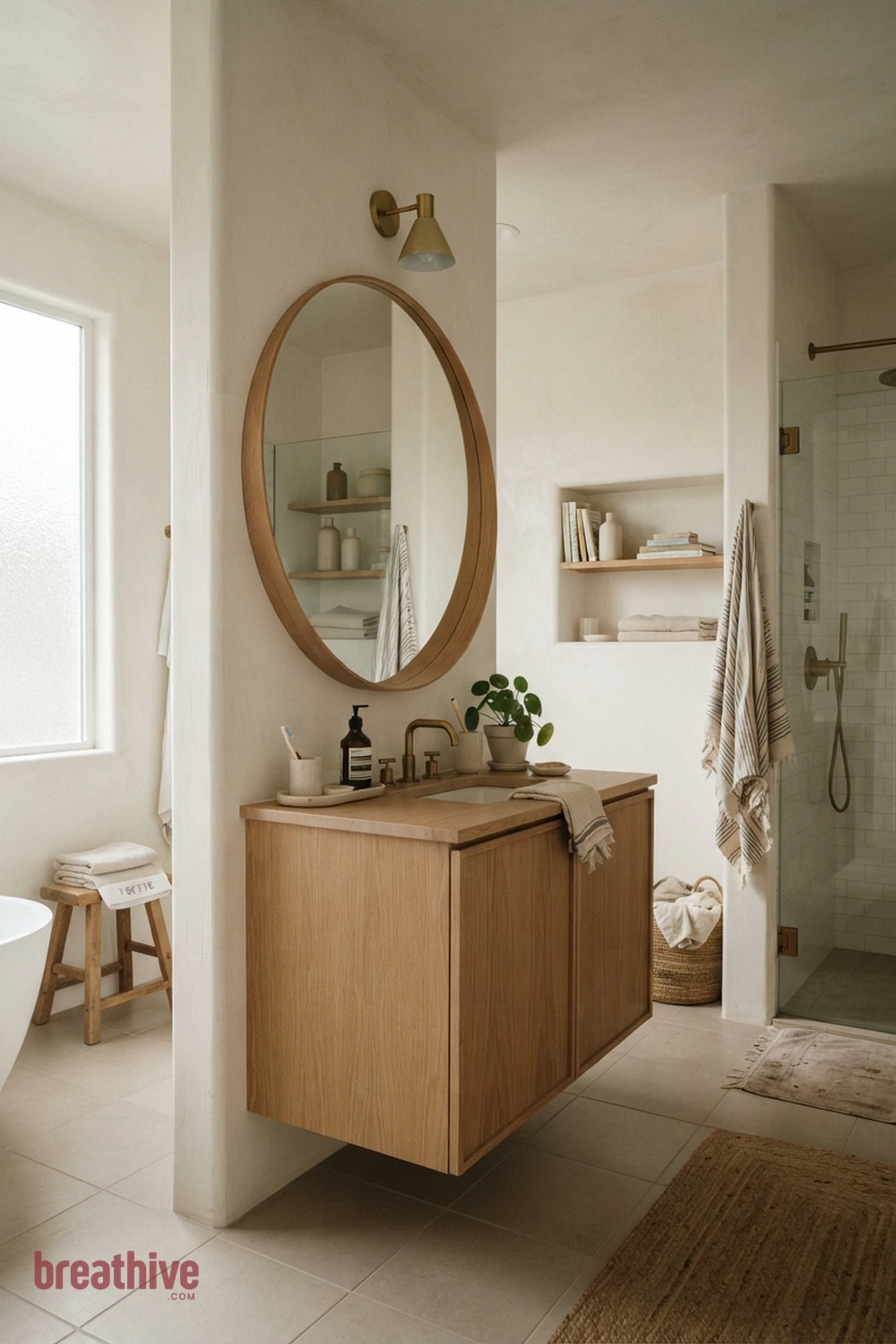 Use a Large Mirror to Expand Light in a thoughtful bathroom