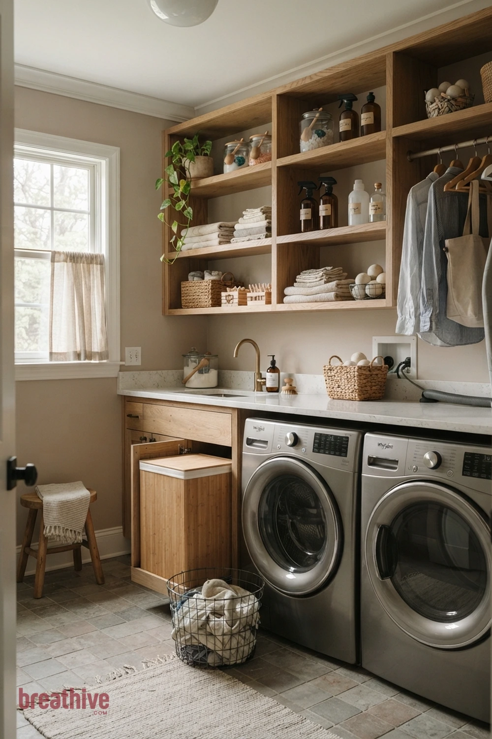 Use Open Shelves for Everyday Supplies in a thoughtful laundry room