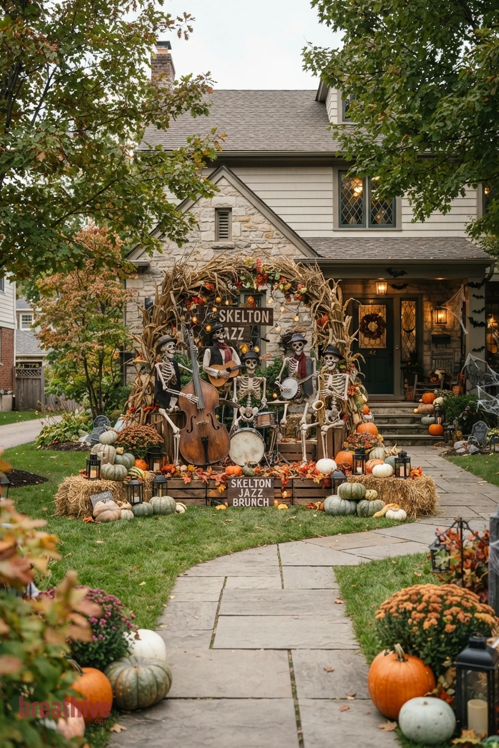 skeleton scene Halloween front yard idea with main outdoor decorative scene positioned where it can be seen clearly without blocking circulation