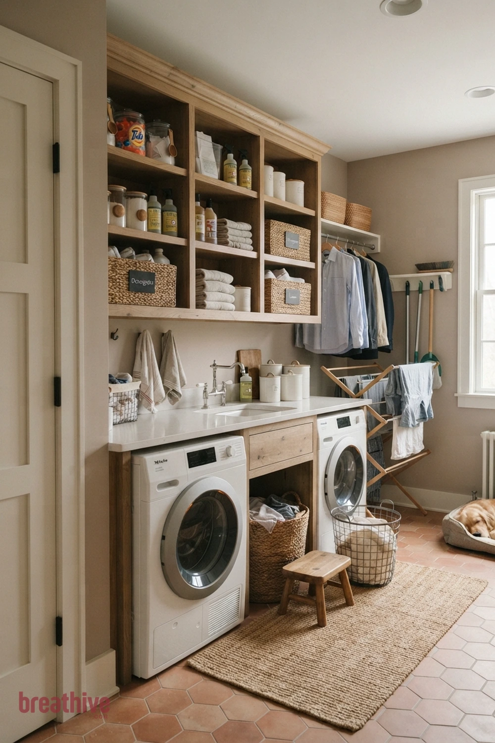 Use Open Shelves for Everyday Supplies in a thoughtful laundry room