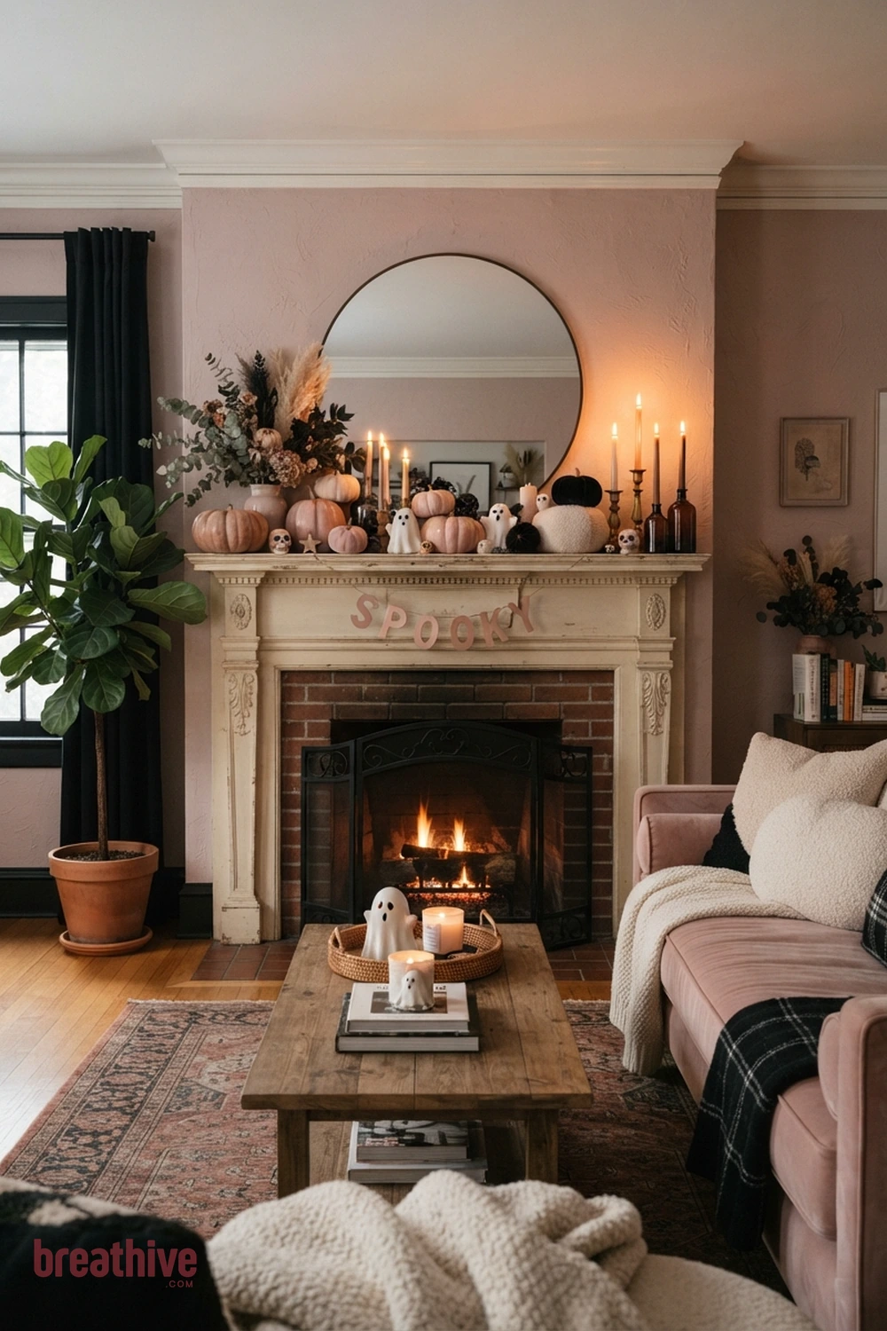 pink playful Halloween living room idea with fireplace or main wall focal point using balanced seasonal height and texture