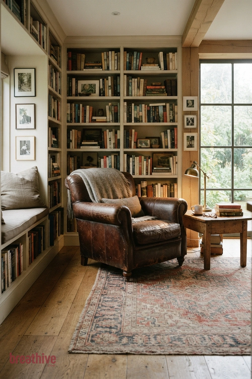 Layer a Rug Under the Seat in a thoughtful home library