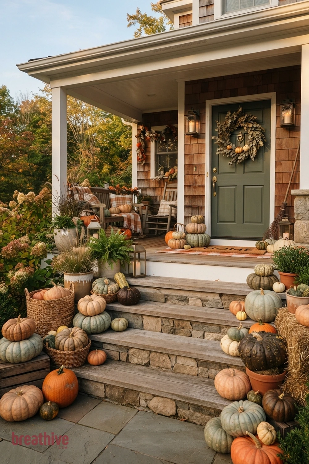 pumpkin layered Halloween front porch idea with porch steps arranged in staggered heights while keeping the walking line clear