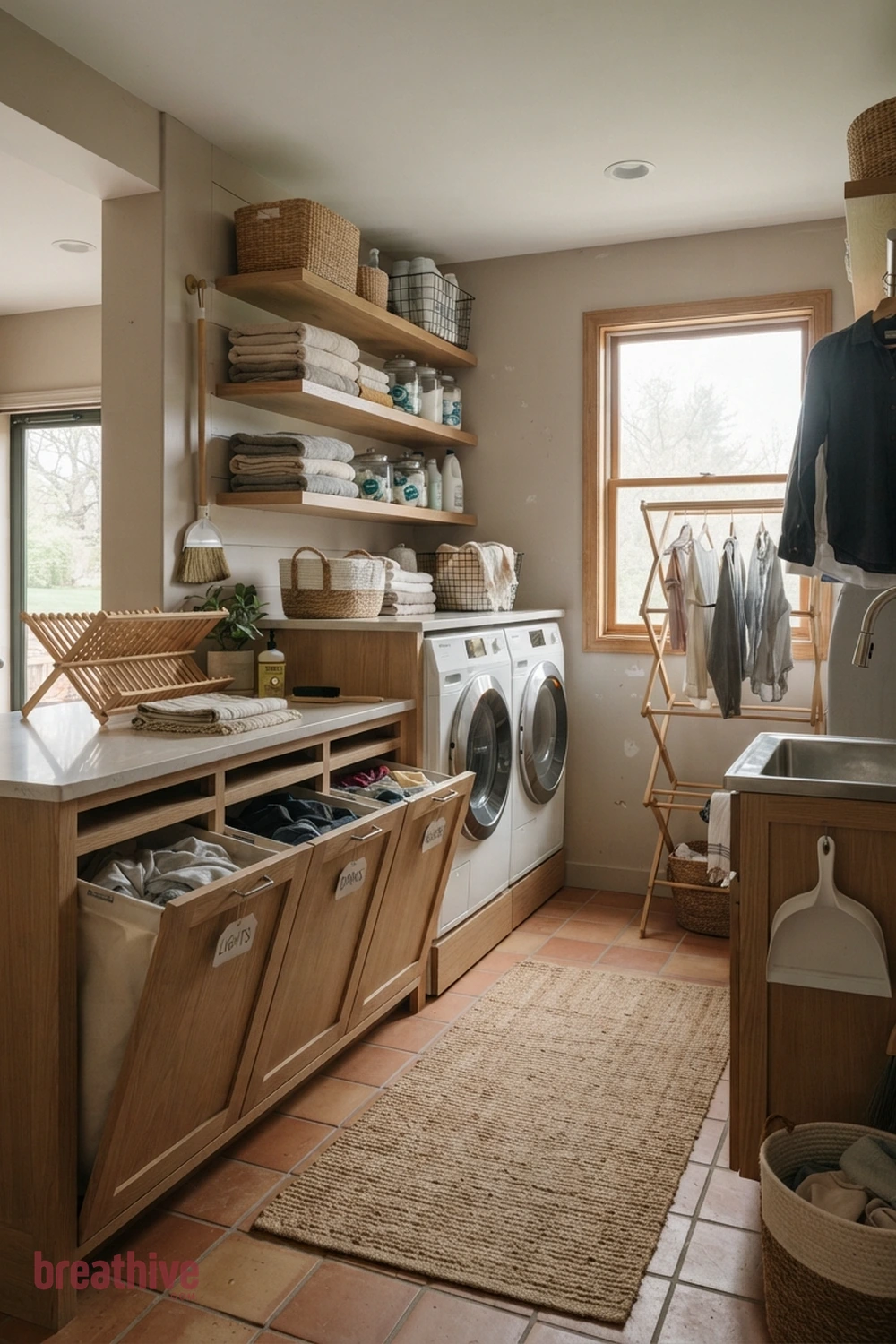 Add Pull-Out Hampers by Sorting Category in a thoughtful laundry room