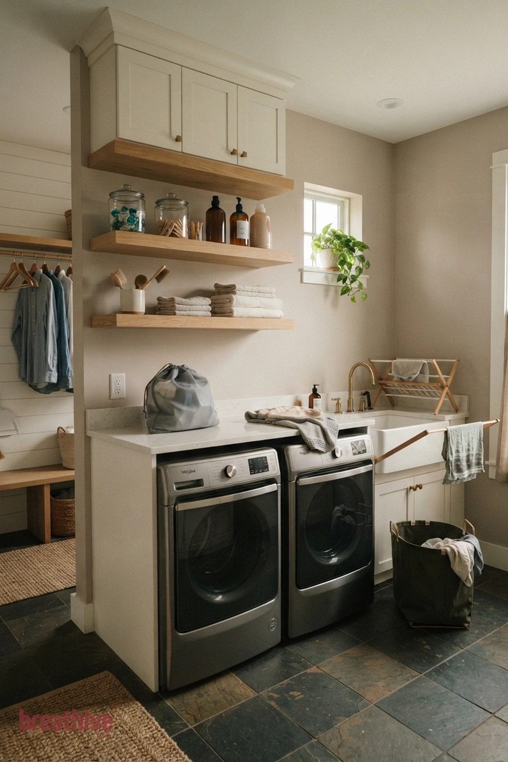 Use Open Shelves for Everyday Supplies in a thoughtful laundry room