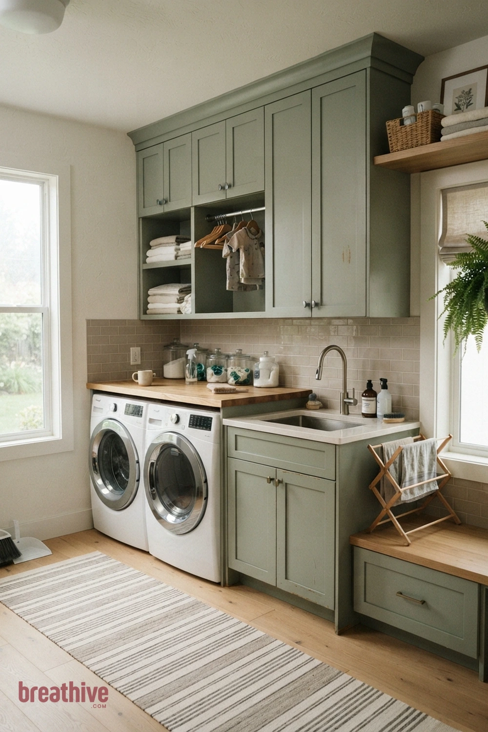 Muted Sage for a Calm Workroom in a thoughtful laundry room