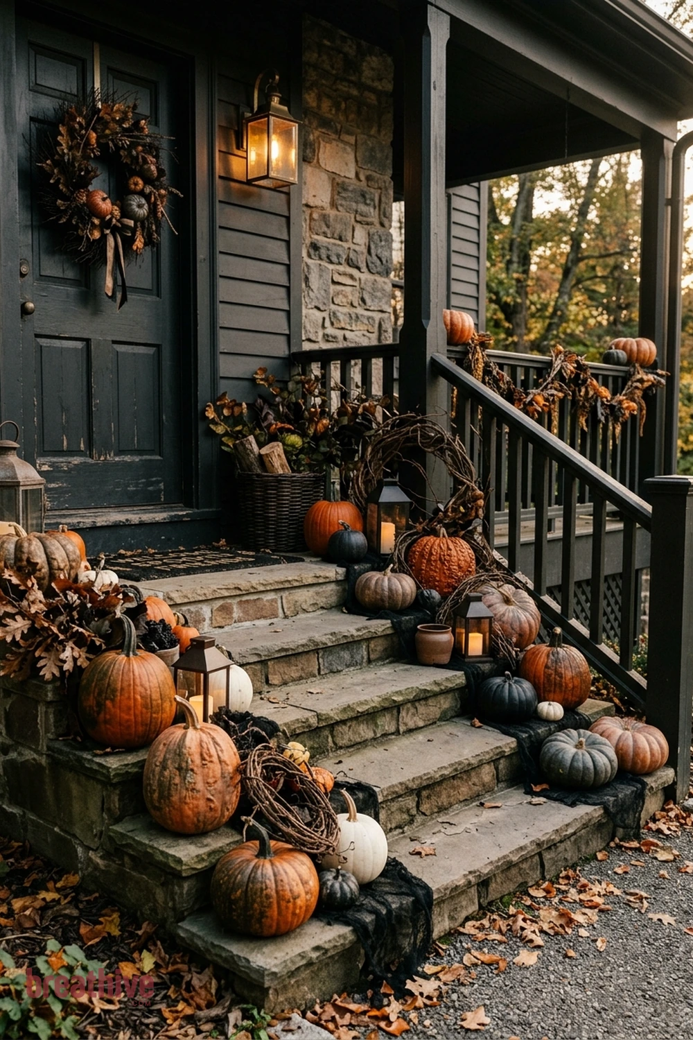 spooky polished Halloween front porch idea with porch steps arranged in staggered heights while keeping the walking line clear