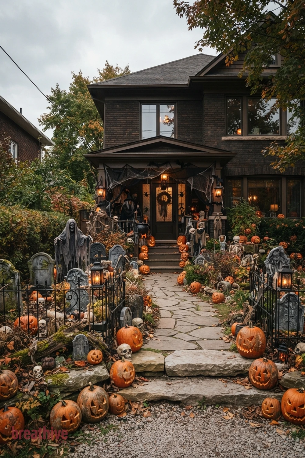 scary theatrical Halloween front yard idea with main outdoor decorative scene positioned where it can be seen clearly without blocking circulation