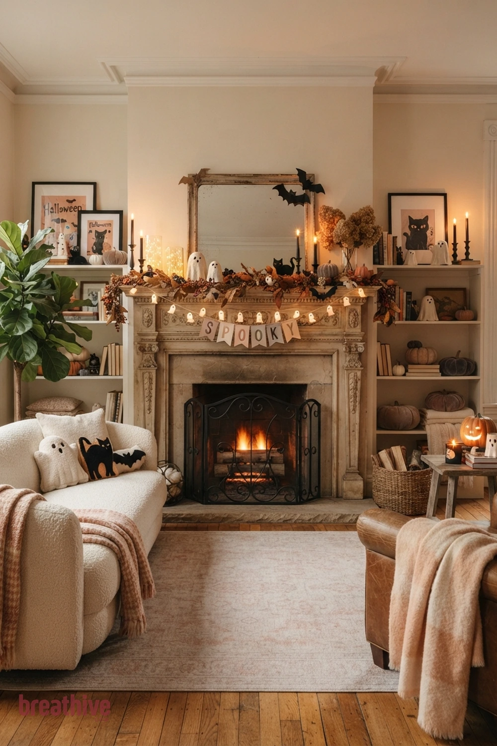 sweet spooky Halloween living room idea with fireplace or main wall focal point using balanced seasonal height and texture